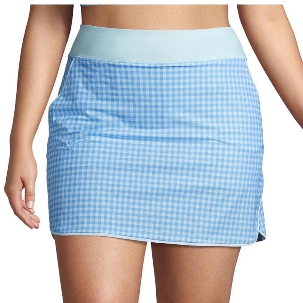 Lands End Skort Skirt Size Plus 16w Turquoise Blue Gingham Check Pockets